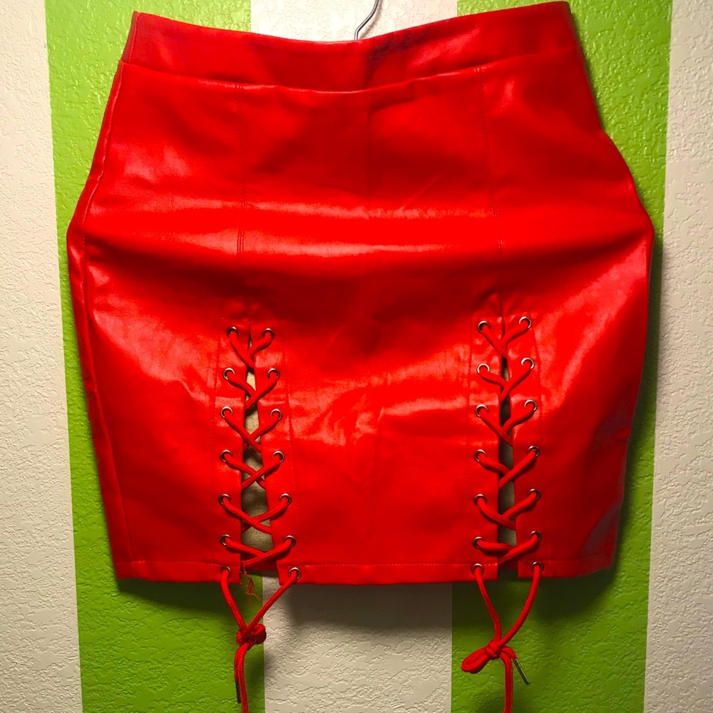 Red leather lace up skirt